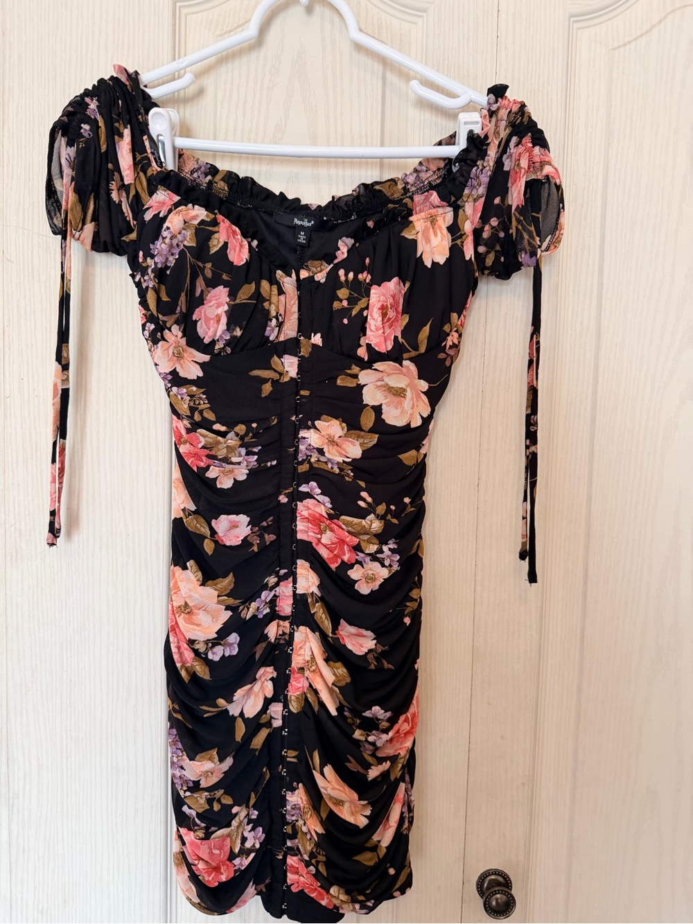 Papaya Black Floral One-Shoulder Ruched Midi Dress
